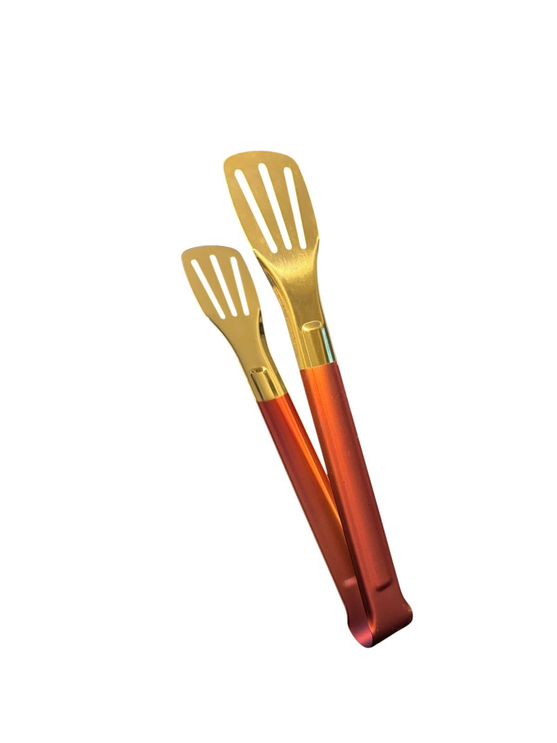 Downtown Stainless steel food tongs in golden color for barbecue, serving food, desserts and buffets (red handle)