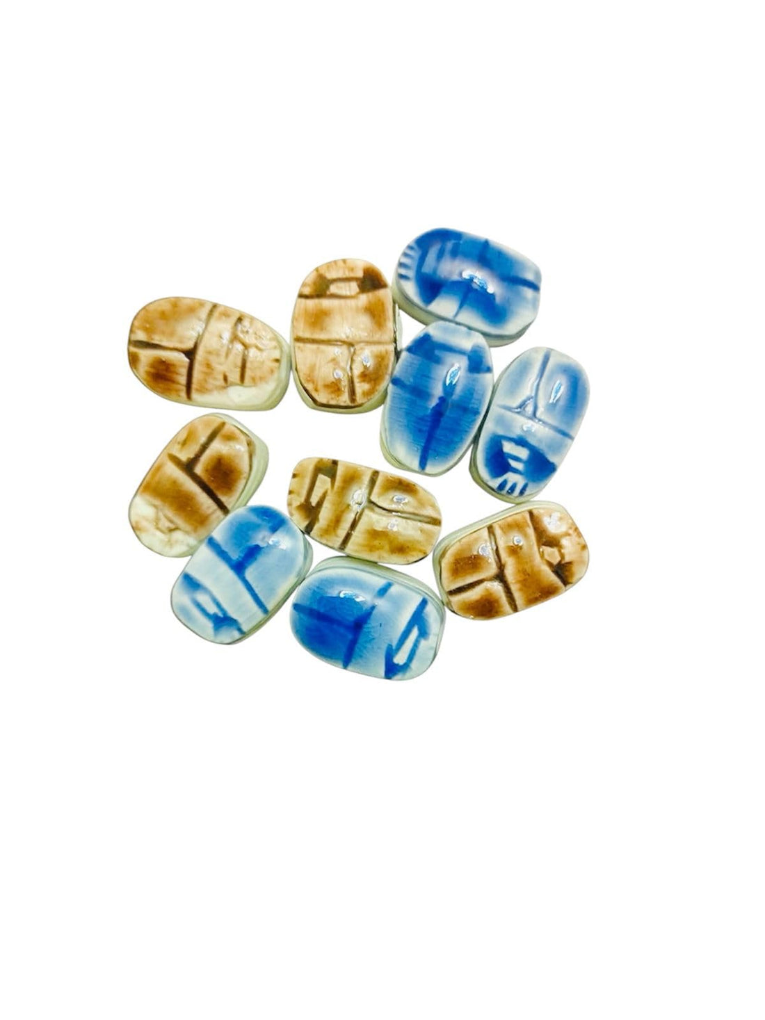 Ancient Egyptian Scarab Beetle Set – 10 Pieces – Handmade Resin Mini Figurines – Blue & Beige Multi Color – Decorative Collectibles