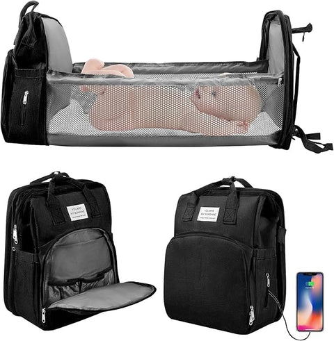 Backpack with Changing Bags for Bed, Large Capacity Nappy Bag with Changing Mat, Backpack for Baby Bed, Travel Bag with Foldable Bed and Sun Visor (Black)