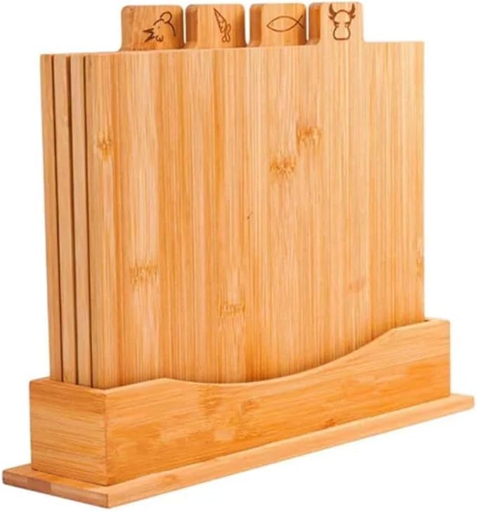 Premium Bamboo Cutting Board Set (4 Boards + Holder) – Natural Wood Chopping Boards with Icons for Meat, Fish, Vegetables & Poultry – Antibacterial Kitchen Organizer, Space-Saving Design