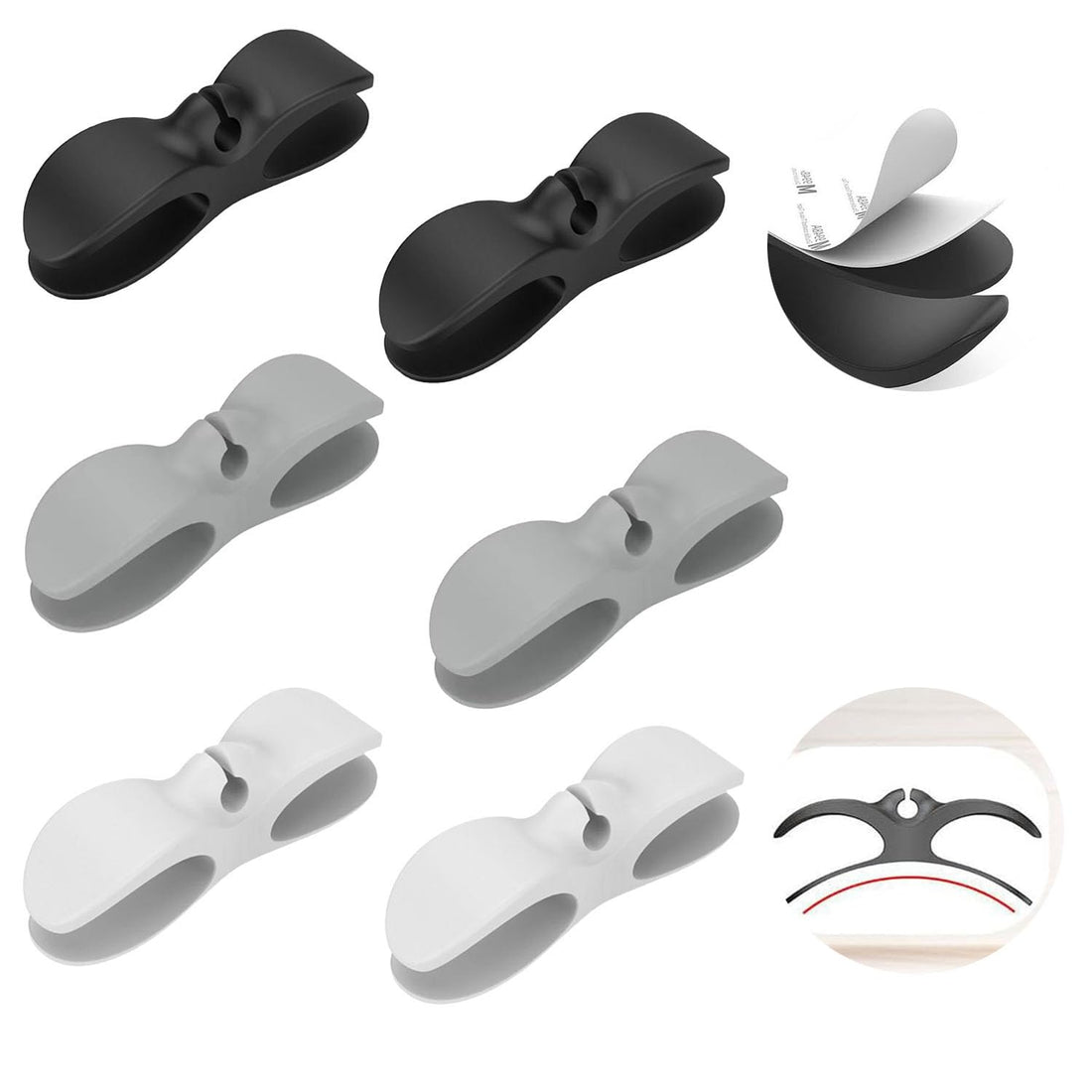 6-Piece Cable Organizer for Home Appliances, Adhesive Cable Winder, TPR Material, Grey, White, Black