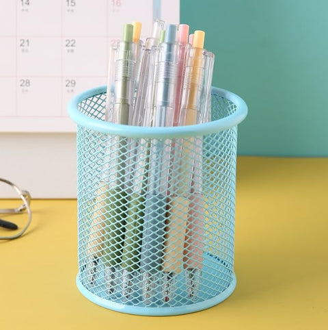 ASEANAO Pen Holder Mesh Pencil Holder Metal Pen Holder Cup Pencil Cup Holder for Desk Office Pen Organizer (Round Light Blue)