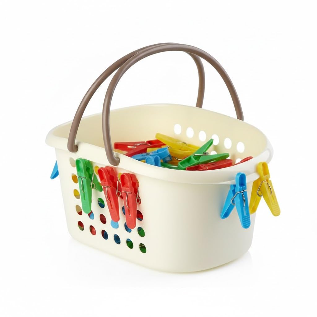 Plastic Clothespin Basket with Handles, (Random Color), 24x16x11.5cm, Lightweight and Easy to Carry (Cream & Grey & Black)