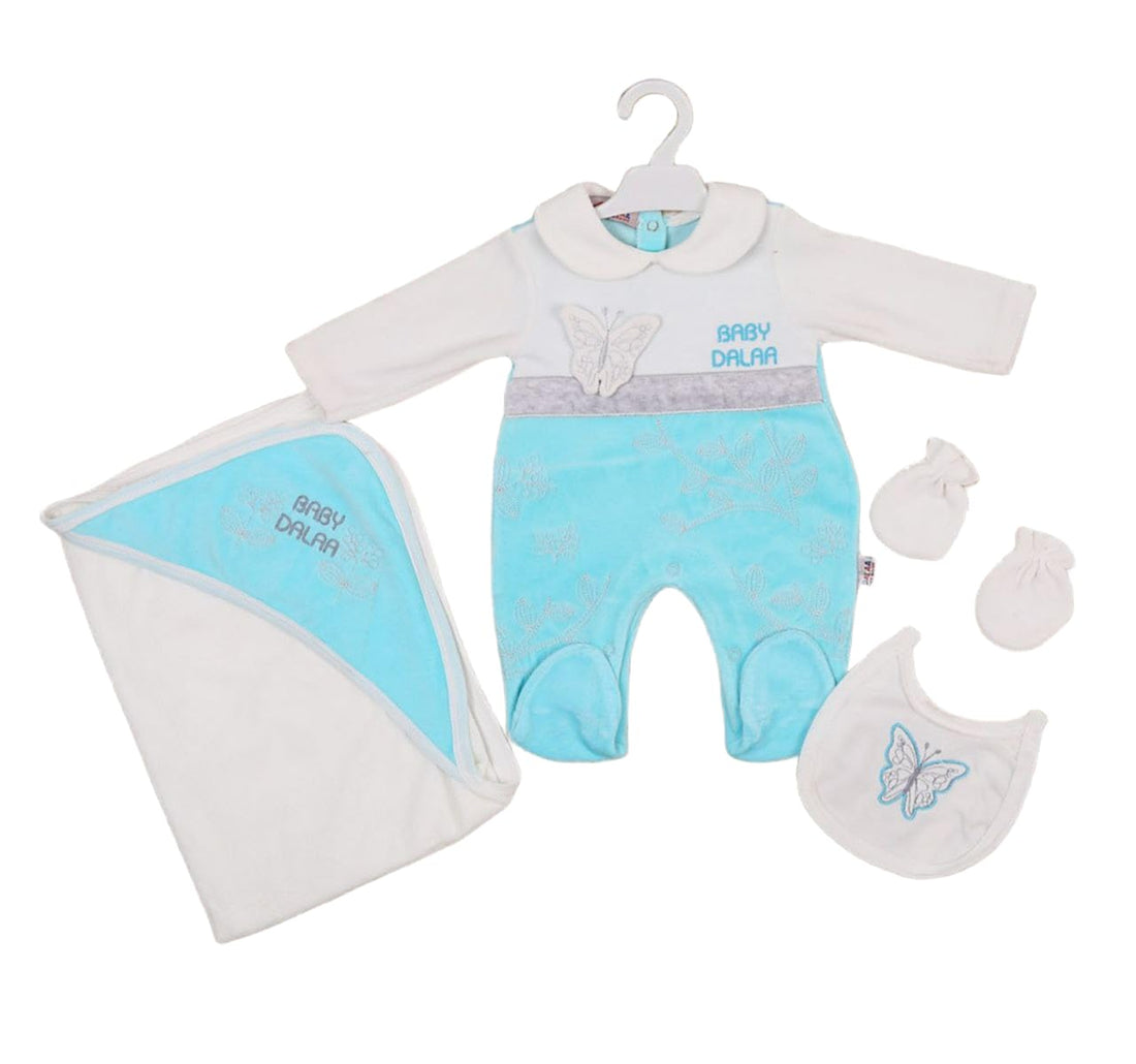 4-Piece Baby Layette Set Butterfly Design with Romper, Blanket, Bib and Mittens