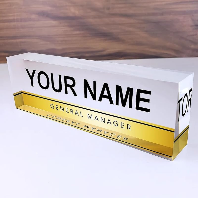 BEST MEDIA Personalized Office Desk Name Plate – 20.3 x 6.4 cm Custom Plate on Clear Acrylic Glass Block, Professional Customized Desk Sign with Name and Title, Modern Office Decor