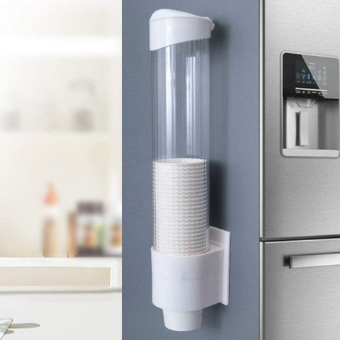 Anti Dust Disposable Plastic Paper Cups Dispenser, Storage Rack Holder Automatically Drop Cup Remover, Paste or Screw Plate Mountable, Mounting at Home Office Water Dispenser Cooler or Wall (White)
