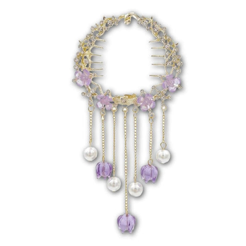 Floral Comb - Handmade Hair Accessory with Pearl Bead Tassel Details Pink Purple Colors Gold Chain Bridal Wedding Style (model 1)