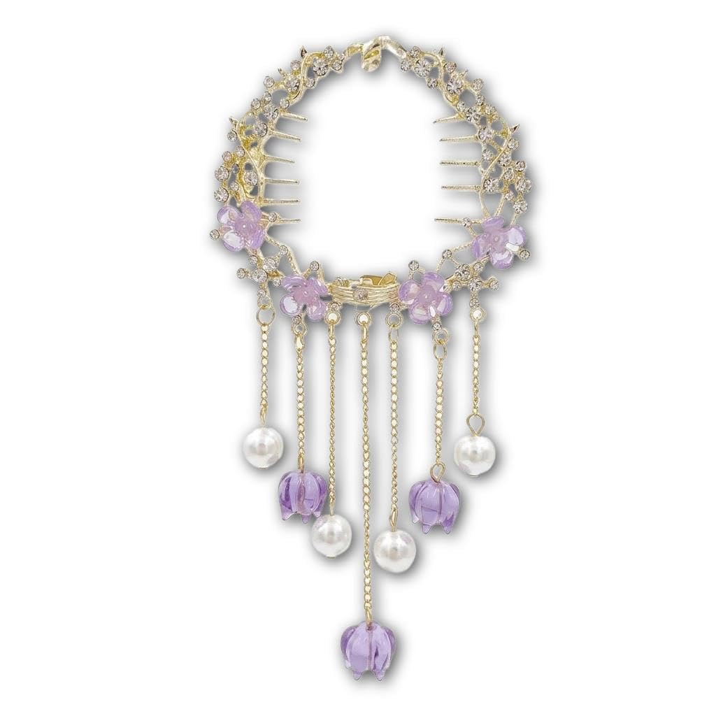 Bridal Comb - Handcrafted Floral Hair Piece with Dangling Pearl Bead Tassels Pink Purple Hues Gold Chain Elegant Design (model 1)