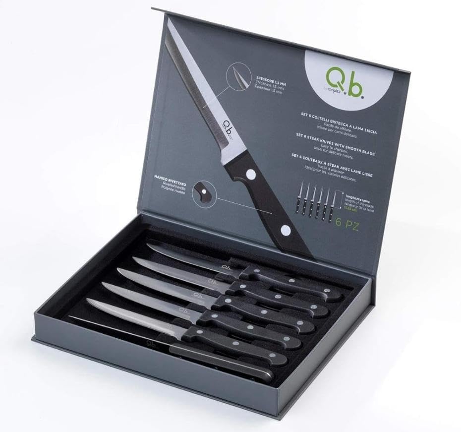 Steak Knife Set, 6 Pieces, 22 cm, Steel Blade and Black PP Handle (Soft)