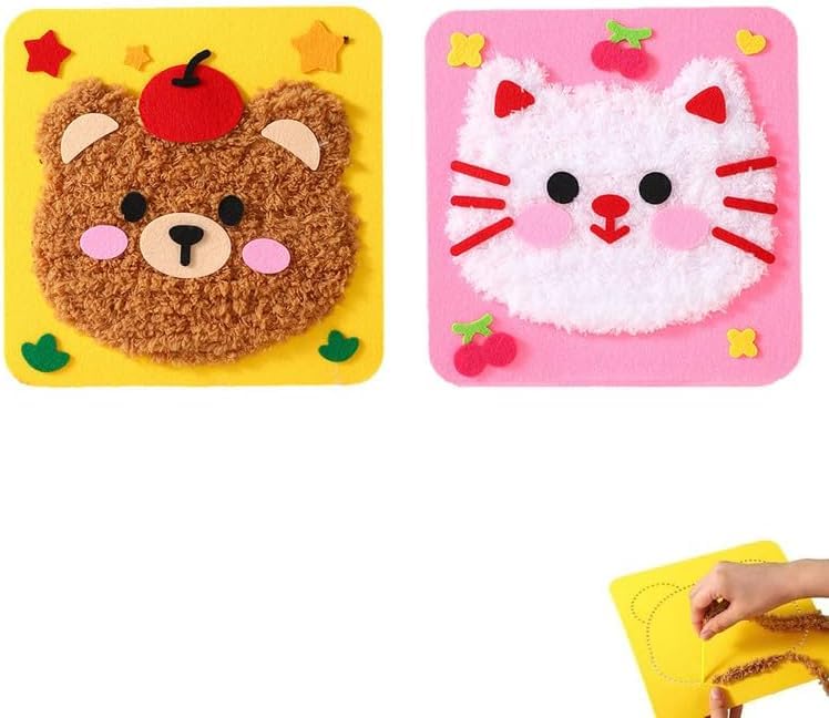 2pcs DIY Embroidery Kit for Kids - Handmade Animal Needlework Painting with Coral Yarn & Felt Accessories, Educational Sewing Craft Set for Boys & Girls Ages 3+, Creative Preschool Art