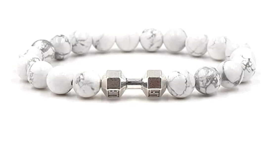 Julia Store Handmade White Dumbbell Bracelet Gym Bros Fitness Barbell Bracelet Natural Volcanic Adjustable Beads Bracelet Fitness Jewelry for Men