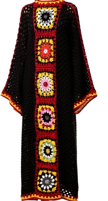 Ramadan Abaya Crochet Black with Colorful Motifs, Traditional Jeddah Checkered Design, Long Abaya with Wide Sleeves