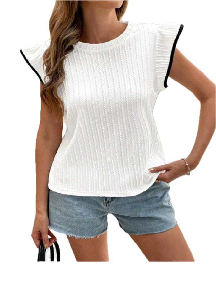 Women's Elegant Knitted Cap Sleeve Top, Round Neck, Ruffle Detail, White