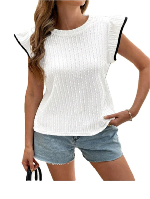 Women's Elegant Knitted Cap Sleeve Top, Round Neck, Ruffle Detail, White