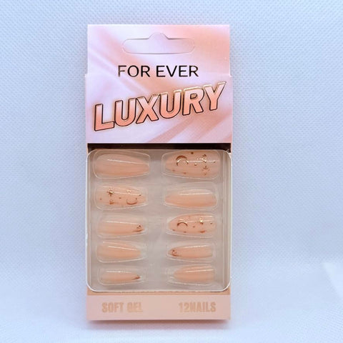 Premium Long Almond Press On Nails with Nail Art – Reusable Glossy Fake Nails for Women – Trendy Salon Style Manicure – 12 Unique Designs (Gold Crescent & Stars)