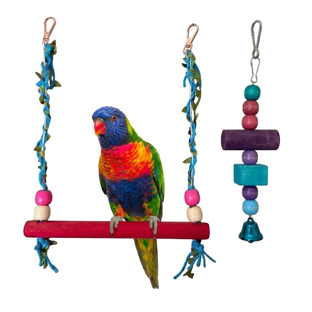 2pcs Bird Set Accessories for Bird Cage (Bird Swing HI 25, W 20 CM -Bird Toy HI 20 CM)