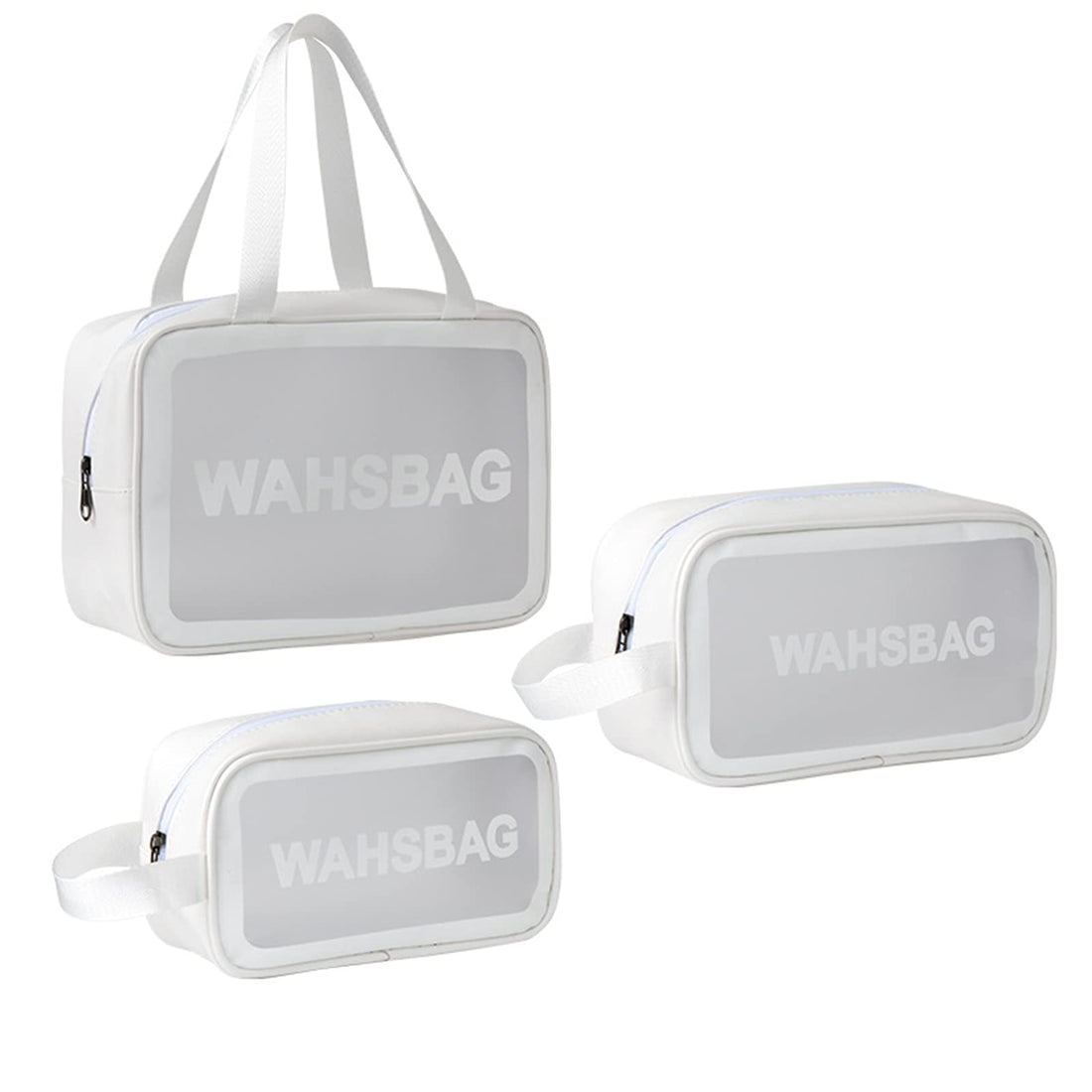 3Pcs Cosmetic Bag Vinyl Air Travel Toiletry Bags Bulk, Water Resistant PVC Packing Cubes with Zipper Closure & Carry Handle for Women Baby Men, Make-up brush Case Beach Pool Spa Gym Bag (White)