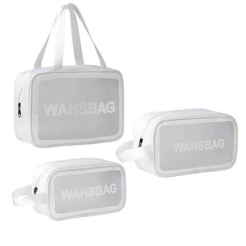 3Pcs Cosmetic Bag Vinyl Air Travel Toiletry Bags Bulk, Water Resistant PVC Packing Cubes with Zipper Closure & Carry Handle for Women Baby Men, Make-up brush Case Beach Pool Spa Gym Bag (White)