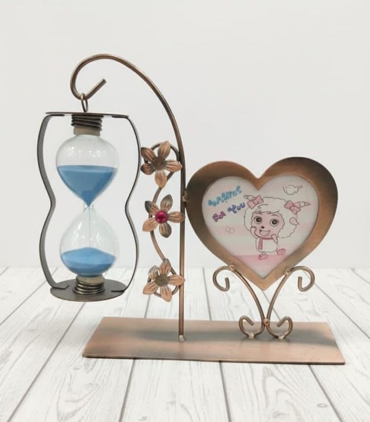 Luxury Picture Frame with Hourglass, Heart Design, Bronze, with Metal Flower Stand and Heart Picture Frame