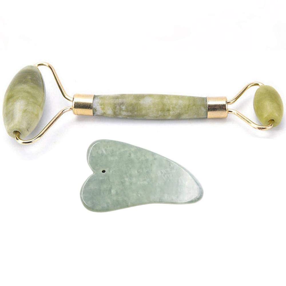 Facial Massage Jade Roller Face Neck Natural Stone Health Care Body Jade Gua Sha Board Beauty Tool Set - 2 Pieces