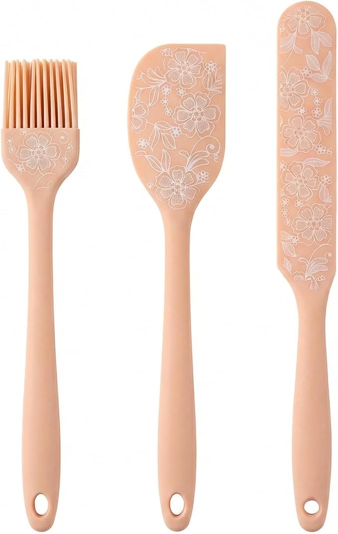 Volora Heat Resistant Silicone Utensil Set, 3 Pieces, Flexible Spatula, Basting Brush and Spatula Knife, Pink, for Nonstick Utensils