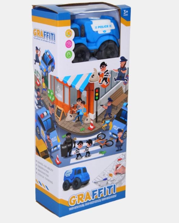 Blue Police Car Toy with Stickers, Educational Toy Set, Suitable for Kids Ages 3+