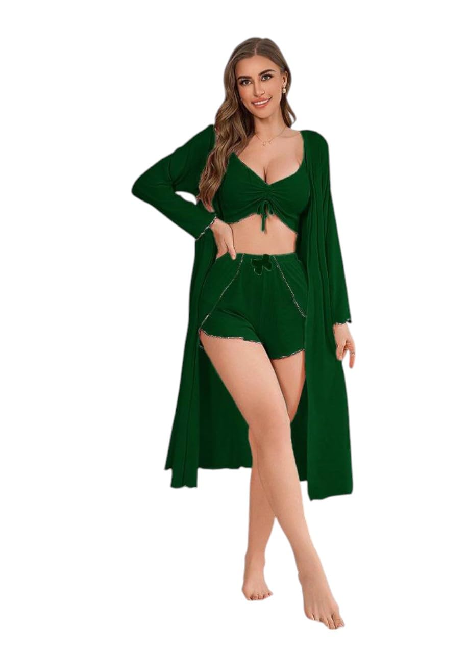 Women's 3 Piece Sleepwear Set with Shorts, Top and Long Robe