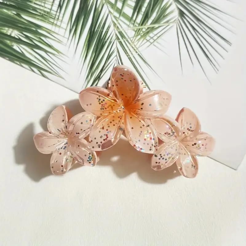 Nopatia Hair Claw Clip 3 Flower Attached with Glitter Glitter, Clear Acrylic Hair Scrunchies with Sparkly Touch, Hawaiian Hair Claw Clips for Summer and Beach, Strong Hold and Stylish Hair (Orange)