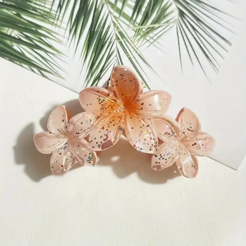 Nopatia Hair Claw Clip 3 Flower Attached with Glitter Glitter, Clear Acrylic Hair Scrunchies with Sparkly Touch, Hawaiian Hair Claw Clips for Summer and Beach, Strong Hold and Stylish Hair (Orange)