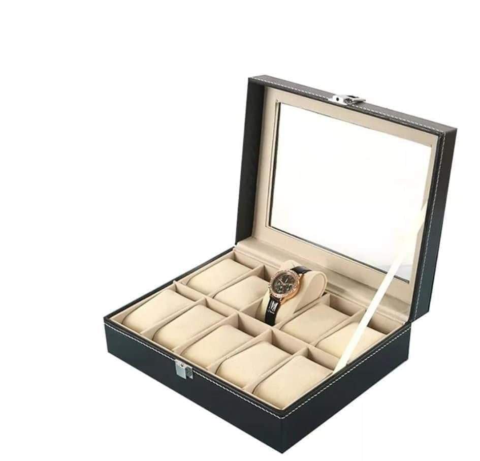 Next Store 12-Compartment Leather Watch & Jewelry Storage Box, 14 x 8 Inches, Black