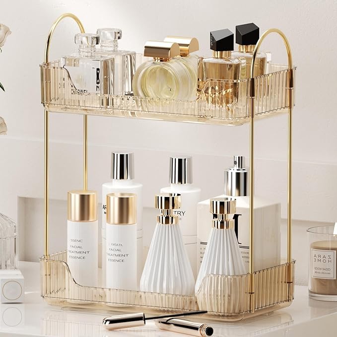 Bathroom Organizer Countertop 2 Tiers, Makeup Organizer Counter Storage, Skincare Cosmetics Shelf, Perfume Holder for Vanity Tray, Kitchen Organizers and Storage(Amber Gold)