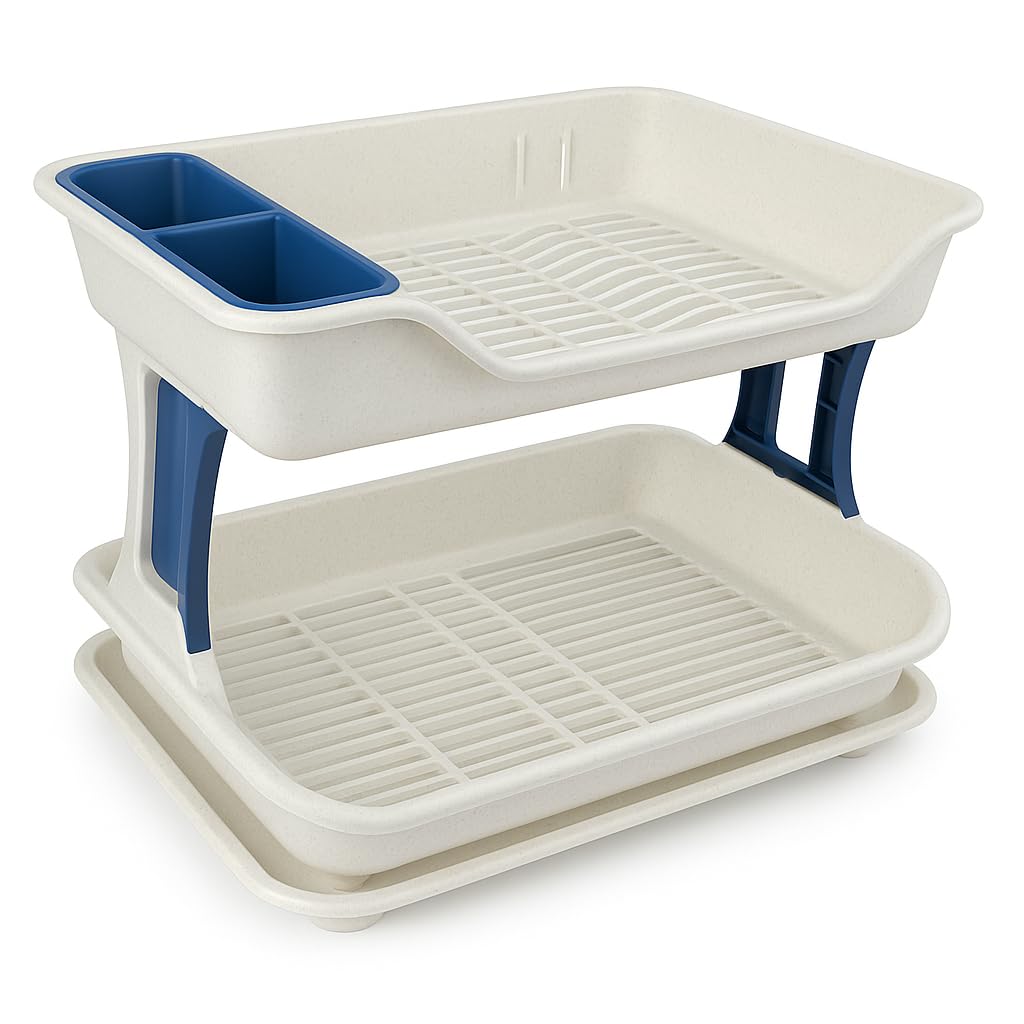 Deluxe 2 Tier Plastic Dish Rack for Drying Dishes and Cups – Modern Kitchen Utensil Organizer – Dish & Spoon Holder with Water Drain – Sturdy & Practical Household Dish Rack for Space Saving