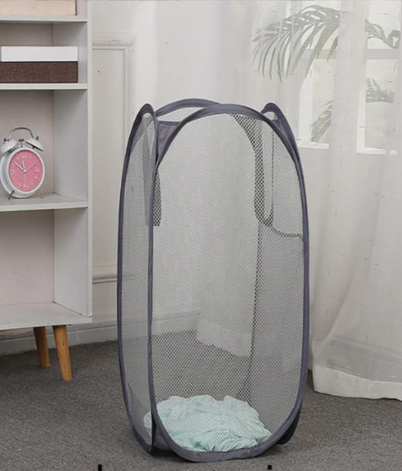 Foldable Mesh Laundry Basket, Large Capacity, Dirty Clothes Storage Organizer, Transparent with Carry Handles, 36x58cm (Gray)