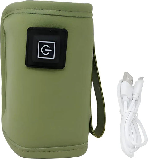 USB Baby Bottle Warmer, Faux Leather, Green, 14.5 x 7 cm, with Charging Cable