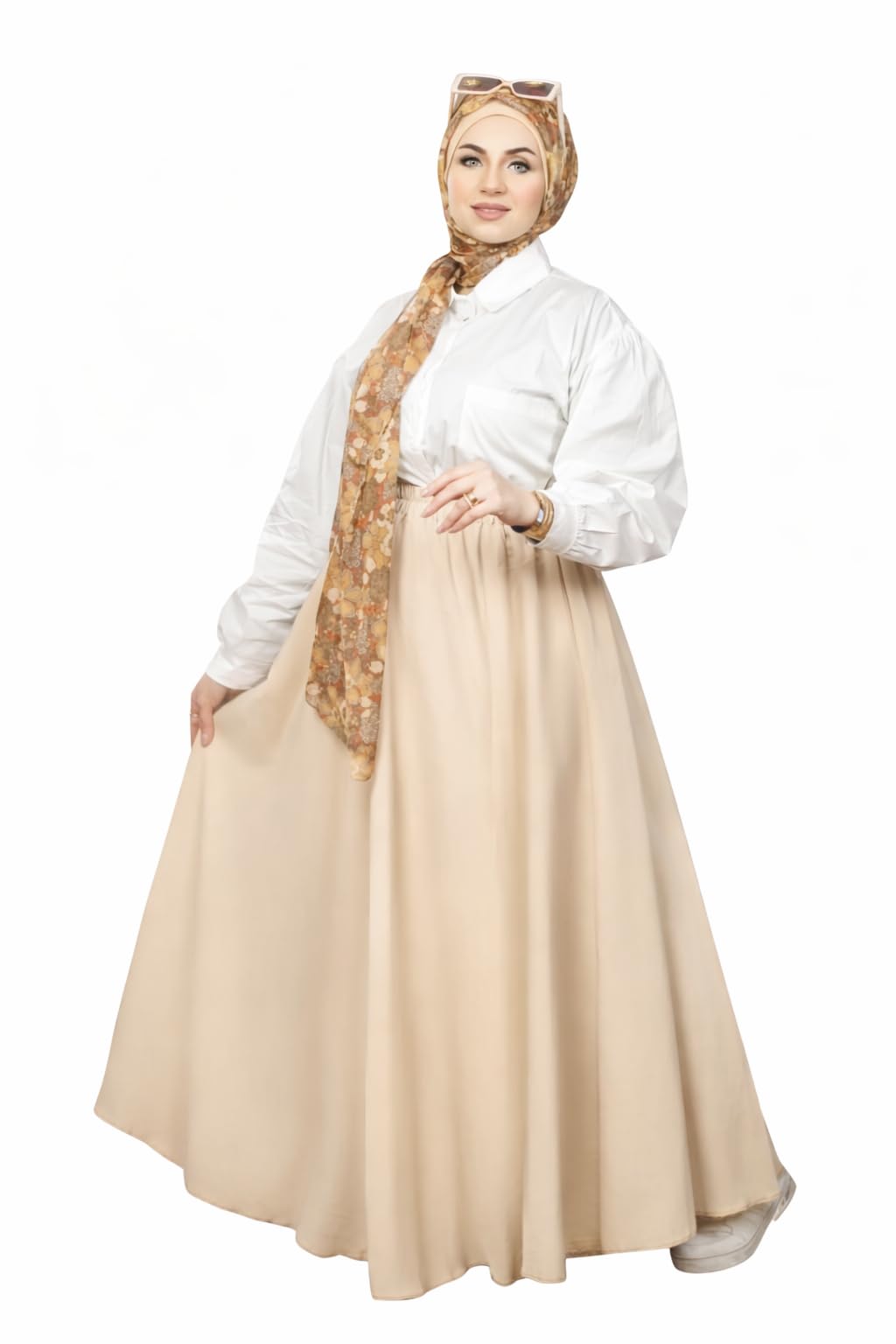 Double Cloche Long Flared Skirt Very Chic (Beige, Dress)