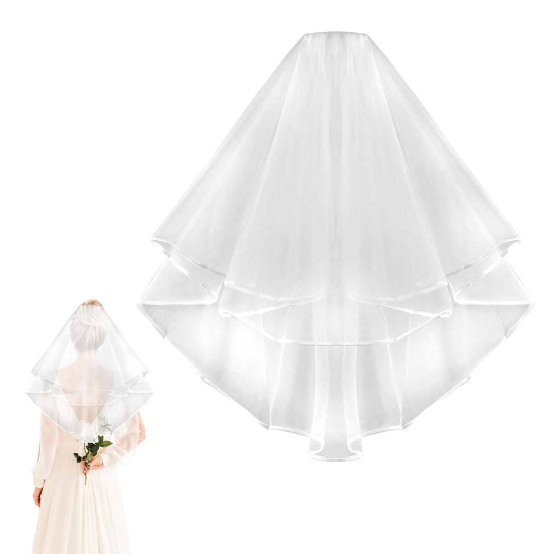 KALIONE Wedding Bridal Veil with Comb 2 Tier Tulle Short Lace Mesh Veils White Wedding Tulle Veil Simple Bride Veil for Bride Wedding Shower Bachelorette Engagement Hen Do Night Party