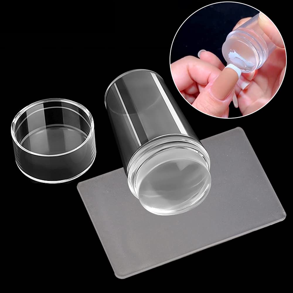 FULANSI Nail Art Stamper 1Pcs Clear Transparent Silicone Jelly Nail Stamping with Scraper Manicure Tools Fast French Nail Print Image Plate Kits, No Misplacement for DIY Nail Art Decorations