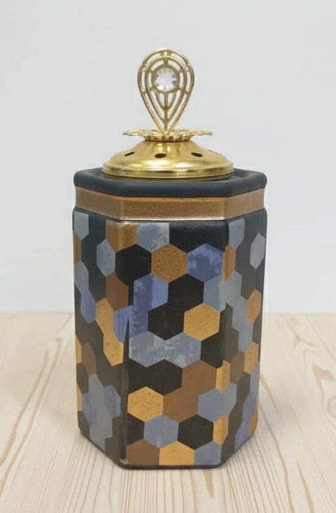 Generic Porcelain Incense Burner, Hexagonal Shape, Multicolour with Ornate Gold Lid, 5x5x5 cm