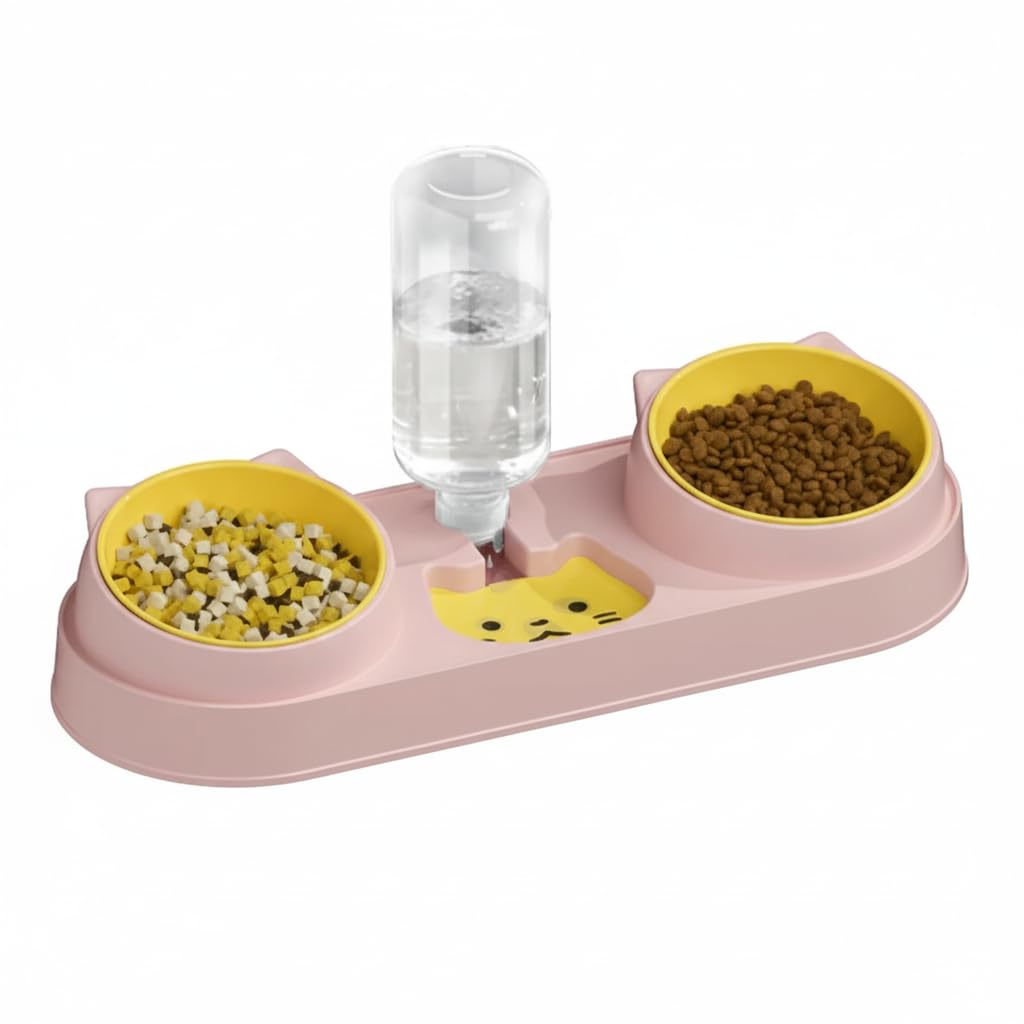Automatic Cat Dog Bowl with Water Fountain - Double Bowl for Drinking and Food - Pet Bowl Holder (Pink)