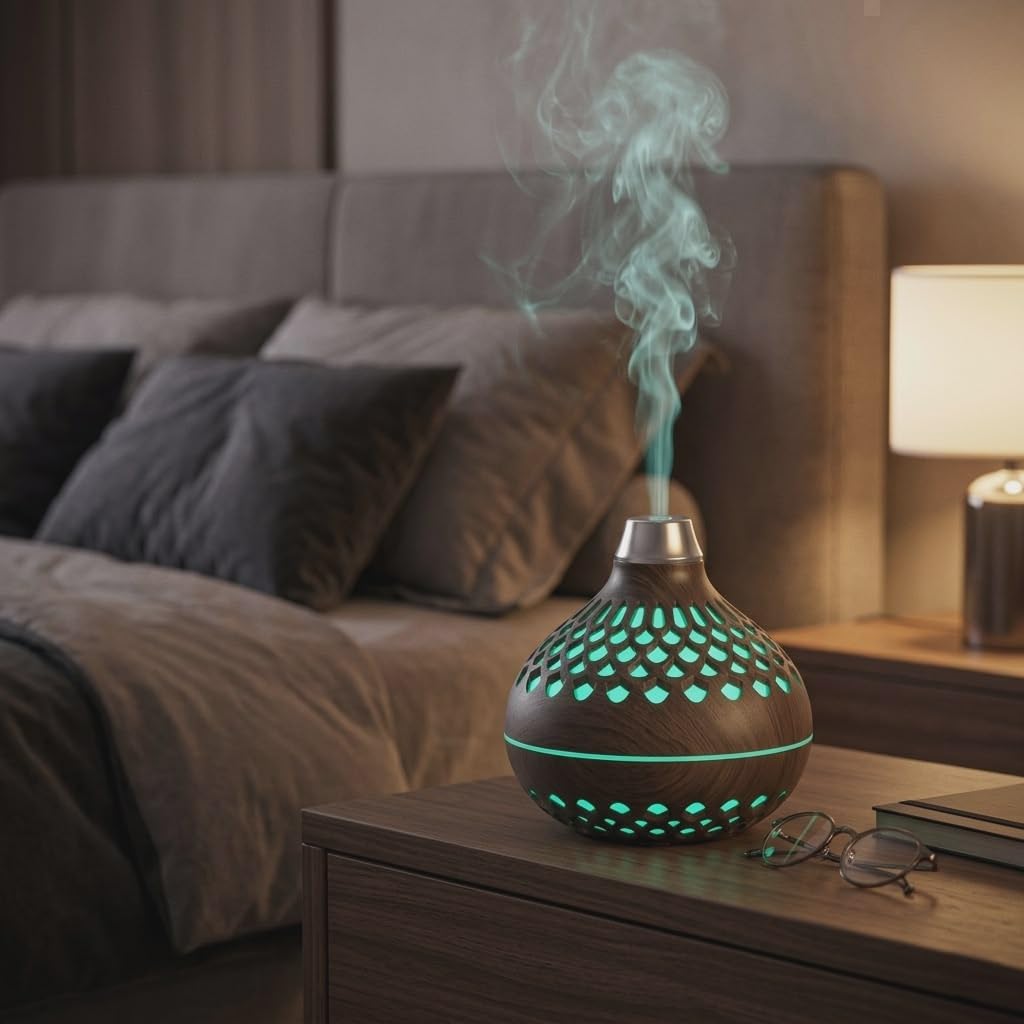 260ml Humidifier - Ultrasonic Aroma Diffuser with 7 Color Changing LED Light - Ultra Quiet - USB Powered - for Office - Bedroom (Brown)