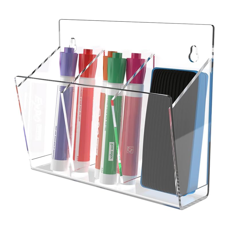 BEST MEDIA Wall Mounted Acrylic Marker Holder with 3 Compartments, a Transparent Dry Erase Marker Organizer for Whiteboard Accessories- Modern - 1 Piece - Transparent