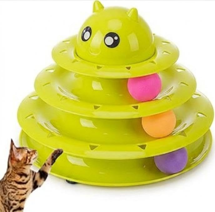 Cat Toy Roller Interactive 3 Level Turntable Ball Track Non Slip Puzzle Exercise Toy for Indoor Cats Kittens and Adult Cats Blue Pink Yellow Green (Yellow-Green)