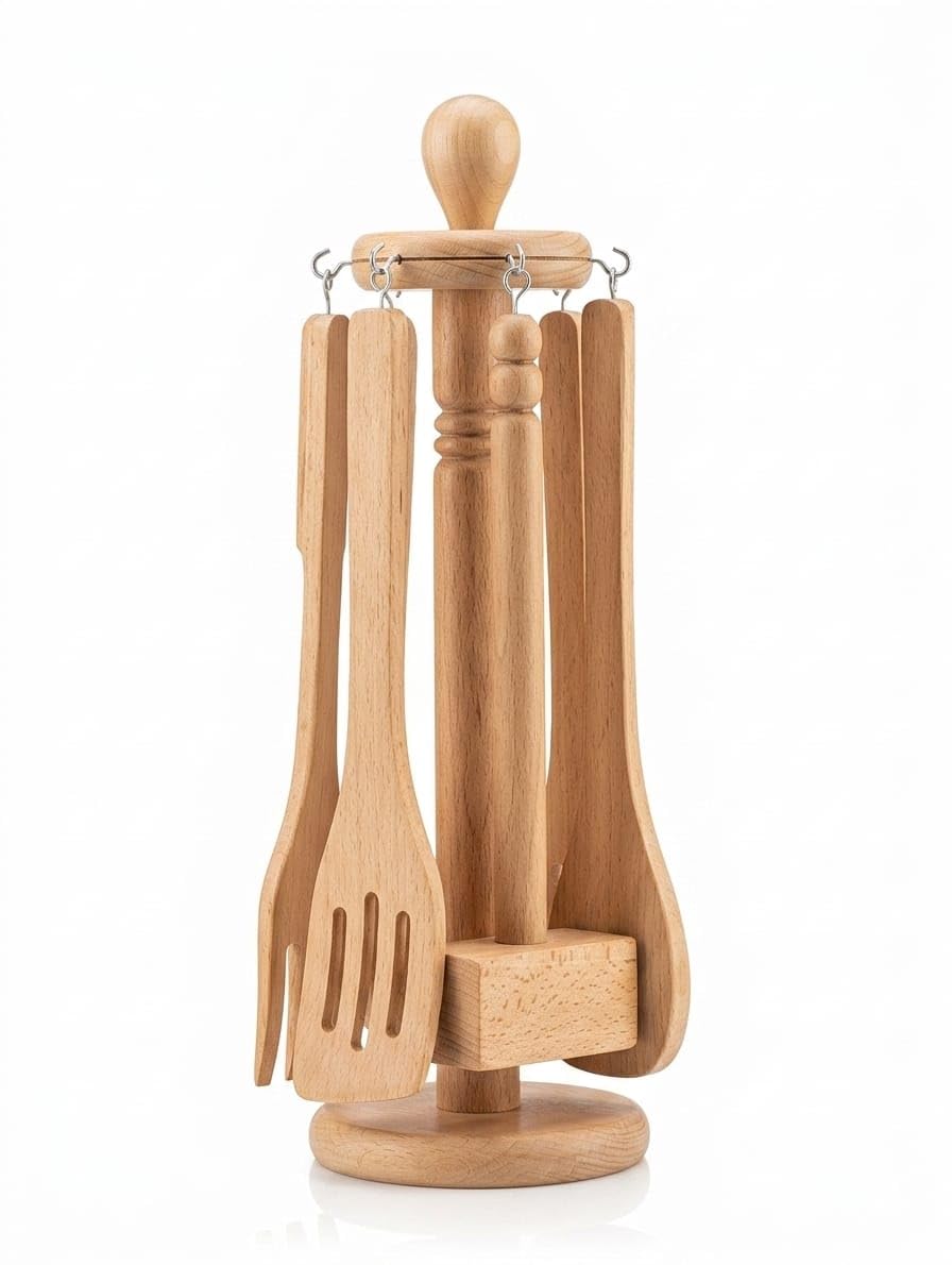 Volura Wooden Kitchen Utensils Set 7 Pieces With Stand, Natural Wood Volura