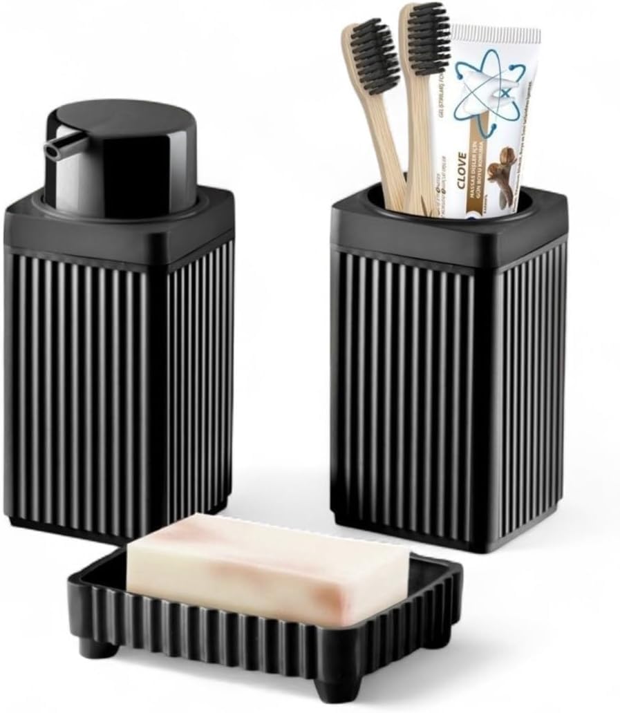 3 Piece Bathroom Accessories Set – Liquid Soap Dispenser, Soap Dish and Toothbrush Holder with Stylish Square Design – Durable Plastic in Modern Black Color, Perfect for Bathroom & Kitchen