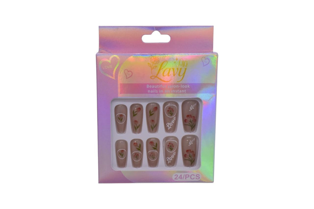Lavy Coffin Shape with Floral Tulip & “Love” Design Press-On Mink Nails 24-Piece Set - Multicolor