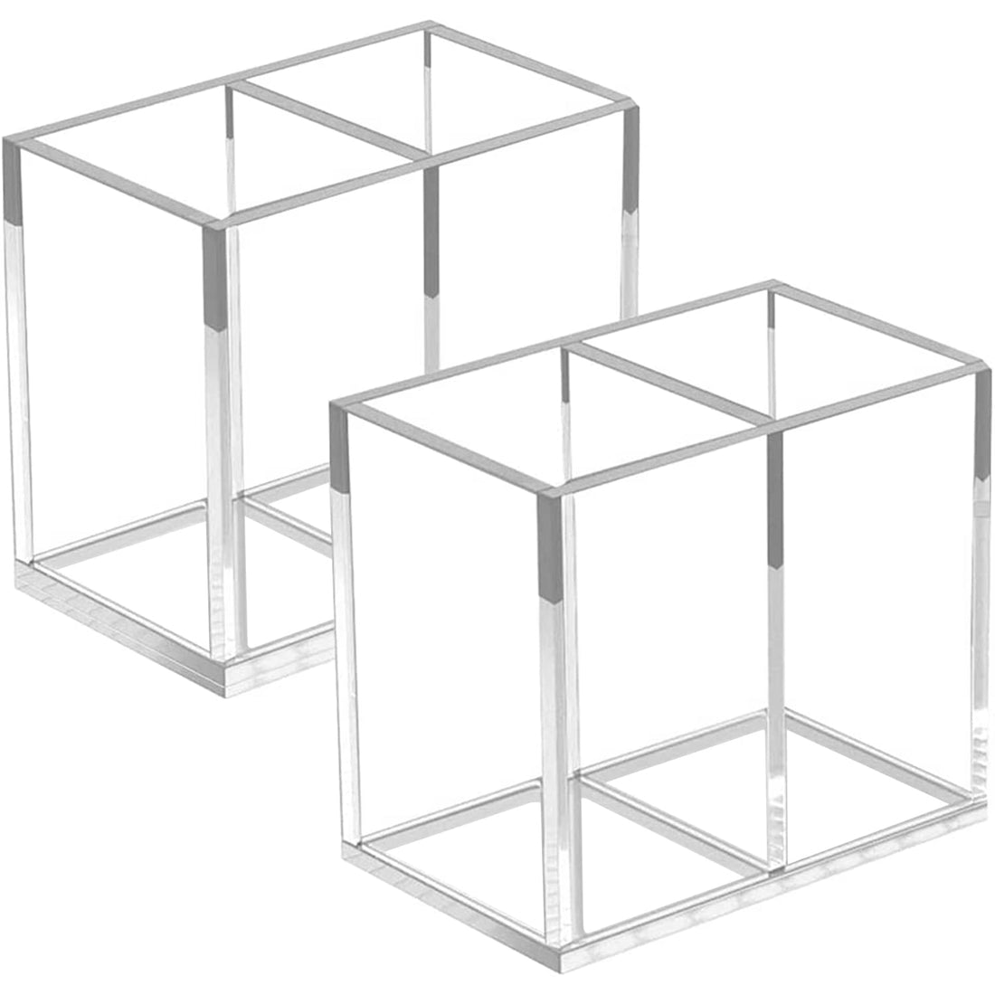 Best Media 2-Pack Clear Acrylic Pencil Holders for Desk, Each with 2 Compartments, Pen Cup and Office Stationery Organizer, Modern Makeup Brush and Cosmetics Holder Set for Home and Office