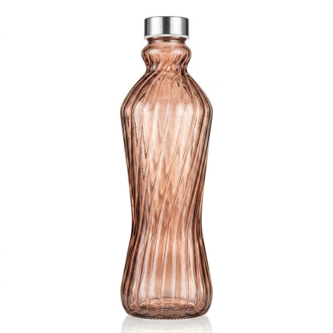 1L Colored Glass Water Bottle (Transparent) Spiral Design - 1L Colored Glass Water Bottle Spiral Ribbed Style (Brown)