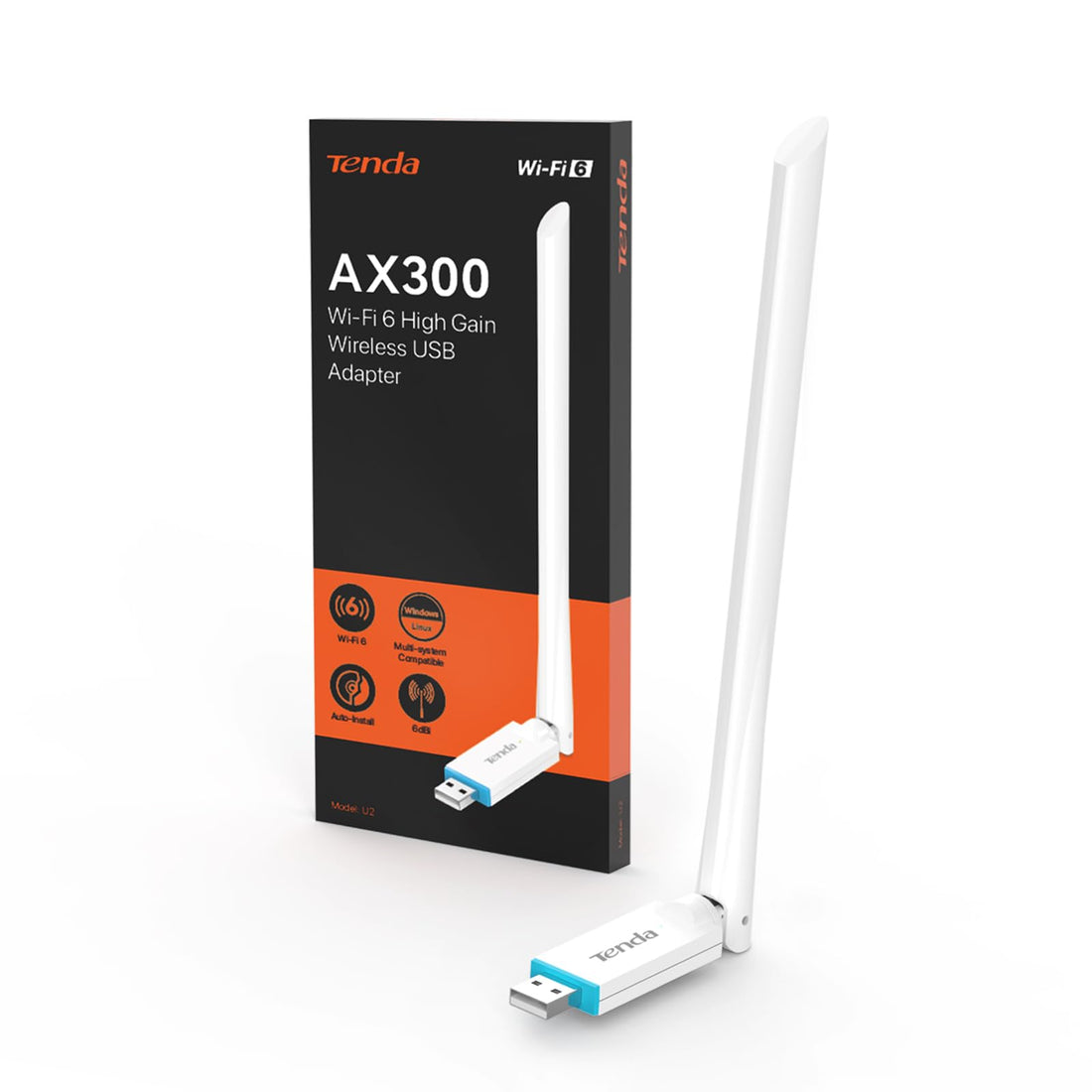 Tenda U2 Wi-Fi 6 USB Adapter AX300, 6dBi Adjustable External Wi-Fi Antenna, Ap Mode, Easy Setup, USB WiFi for PC and Laptop, Compatible with Windows 11/10/Linux/UOS, V5.0