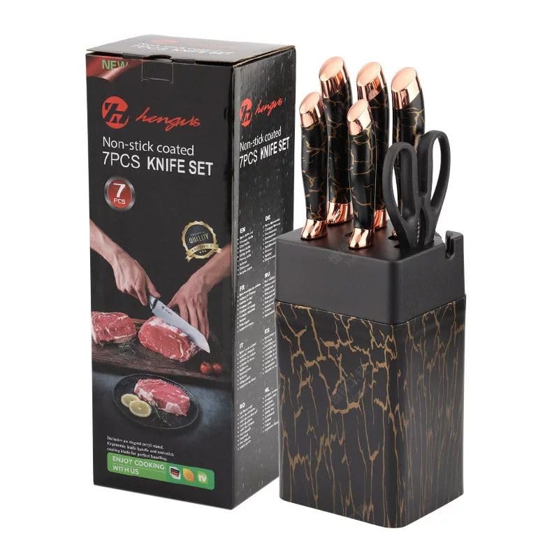 7-Piece Knife Set with Storage Block, Stainless Steel, Black Granite Non-Stick Coating and Ergonomic Handle (Black Gold)