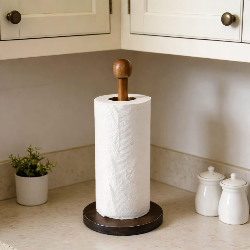 Wooden Tissue Holder with Elegant Design and Stable Non-Slip Base - Comes with Gift Roll - Suitable for Kitchen and Table - Easy to Use and Install - Made of High Quality Wood.